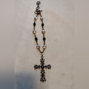 Raised Black Cross Mother of Pearl Stones Black Glass Beads Necklace